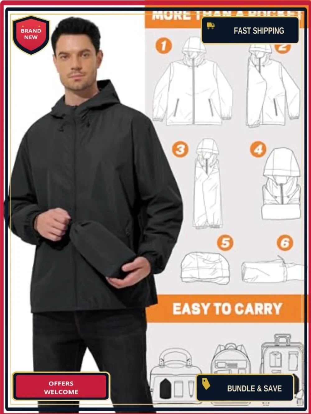 Waterproof Rain Jacket Men Ultra Light Packable Windbreaker